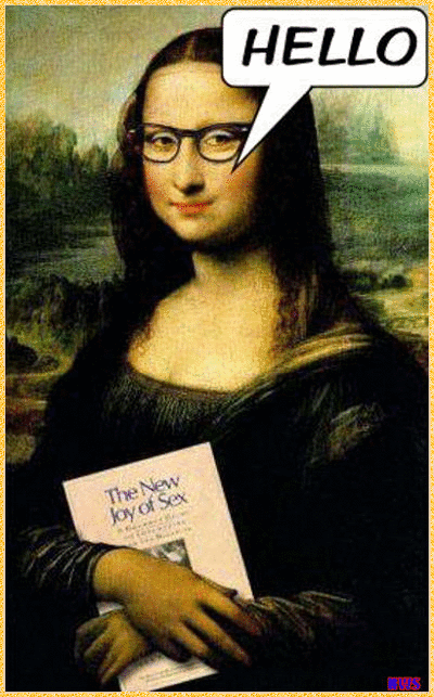 funny hello photo: 400-Hello-funny Mona Lisa with glasses, animated, with glitter effects 400-Hello-MonaLisa.gif