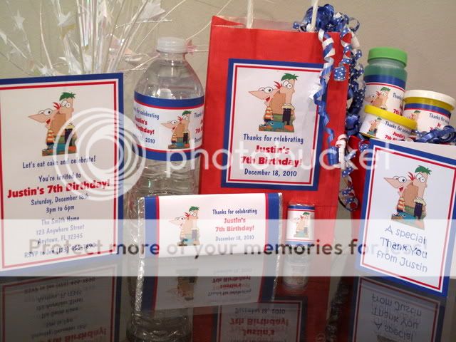 Phineas and & Ferb Birthday PDF CD w/ Invitation Favors Water Candy 