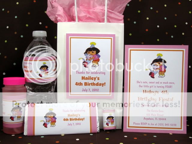 Dora Birthday PDF CD w Invitation Favors Water Candy Gum Bubble Labels