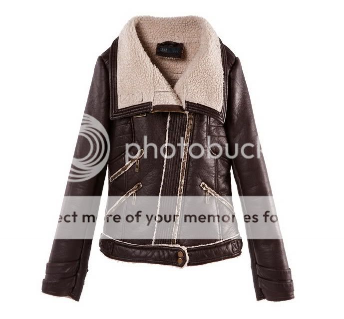 Aviator Bomber Synthetic Leather+Shearling Oversized Collar Coat 