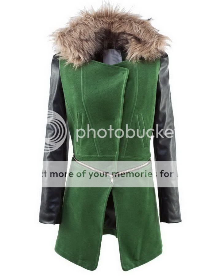 PU Black Leather+ Green Wool Adjustable Long Fur Coat Jacket/Red 