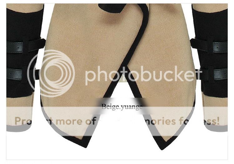 Celeb Large Collar Cape Beige Black Leather Buckle Belt Coat Jacket Faux Wool