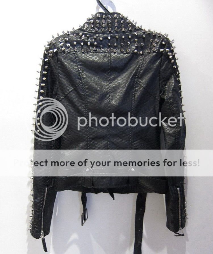 Punk Strong Spike Studded Shoulder PU Snake Leather Black Cropped Coat ...