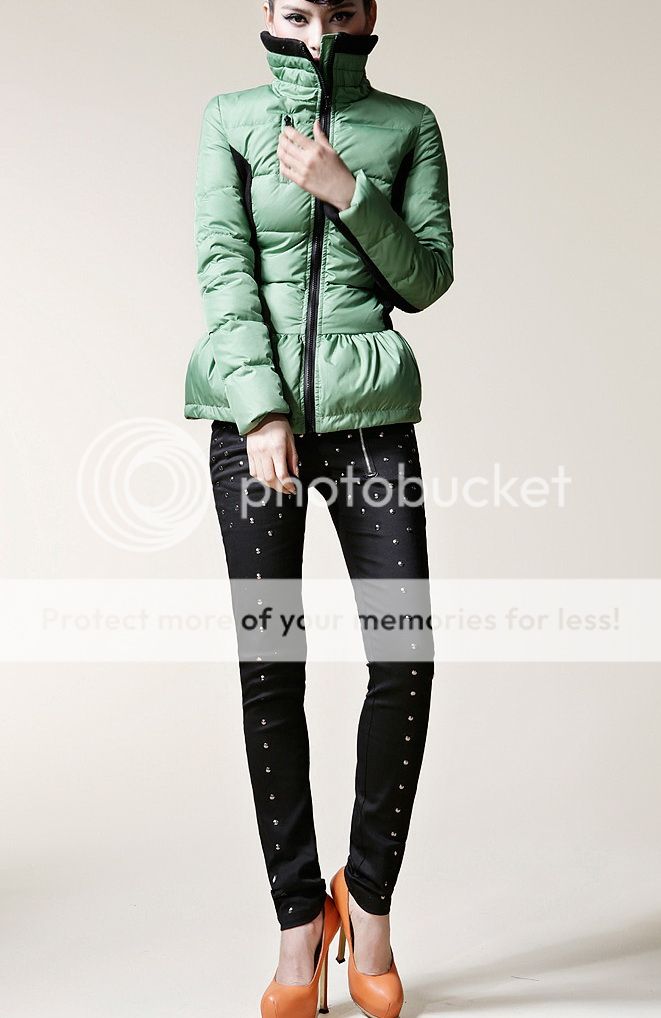 Fashion Green Black Puffy Peplum Slim Duck Down Thick Warm Short Coat Outwear