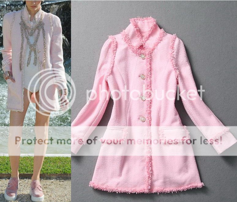 Pink Black Wool Tweed Lace Trim Mid Jacket Coat Overcoat