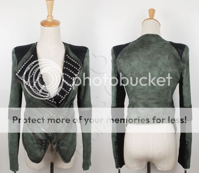 Spike Studded PU leather+Denim Biker Tailcoat Jacket Coat Black/Green