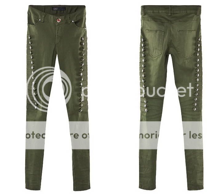 Ripped Military Button Lace Denim Pants Legging Green Red Black